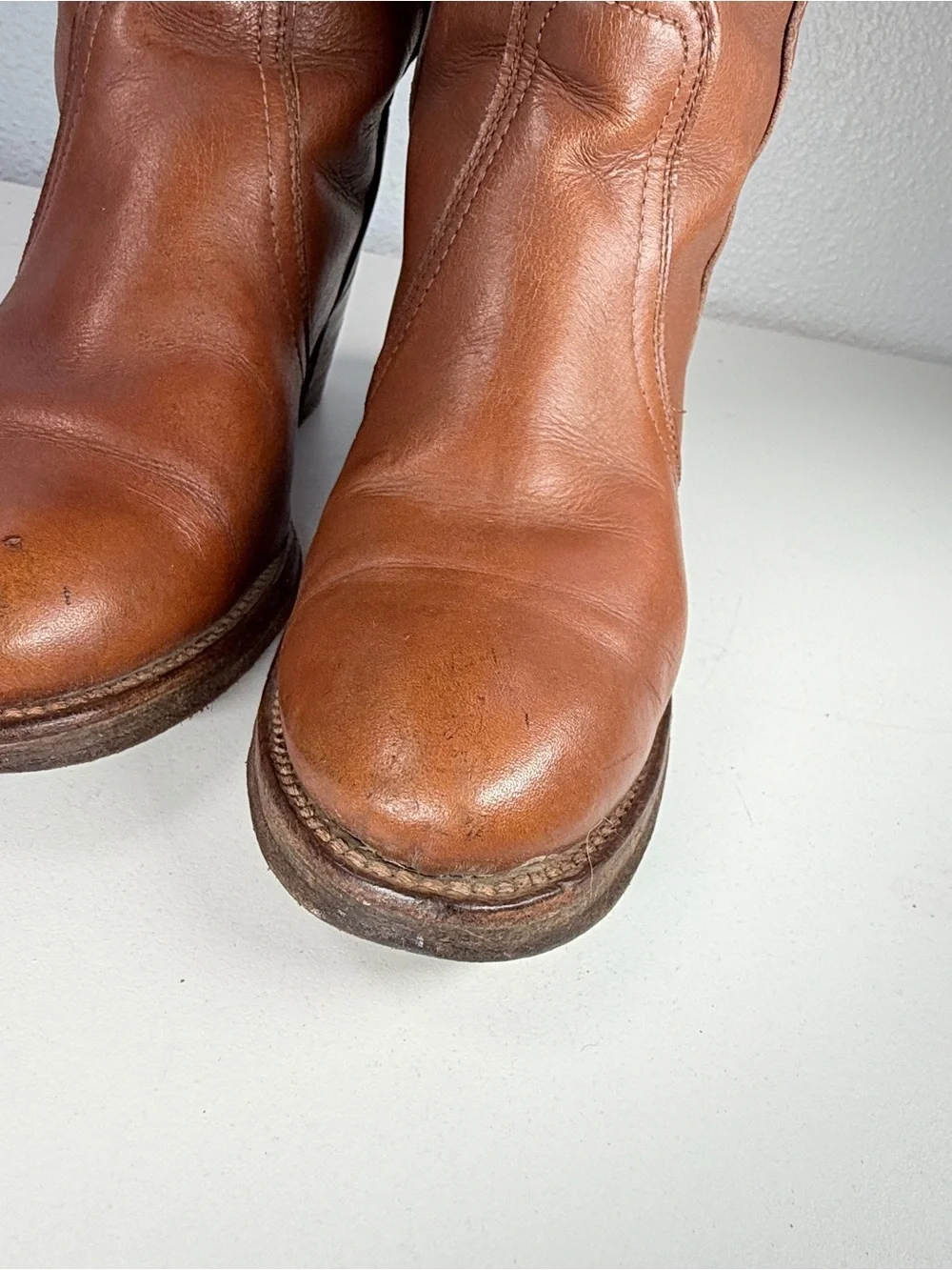 Frye Vintage Tall Riding Boots Cognac Leather Block Heel USA 6.5